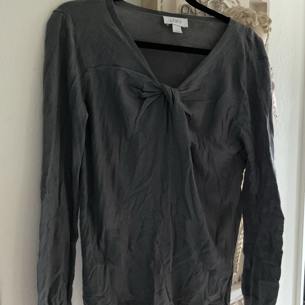 LOFT Charcoal Long Sleeve Top with Bow Detail